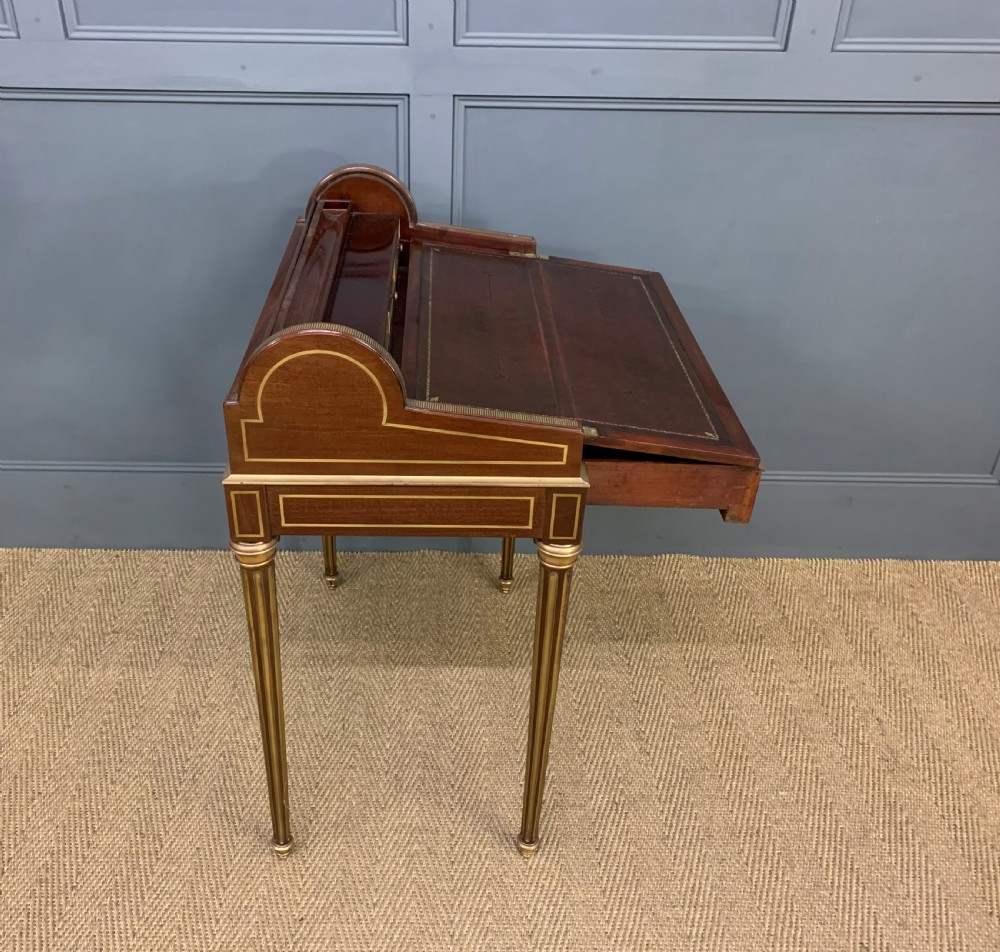 Fine Quality Brass Inlaid Mahogany Tambour Writing Desk View XVII