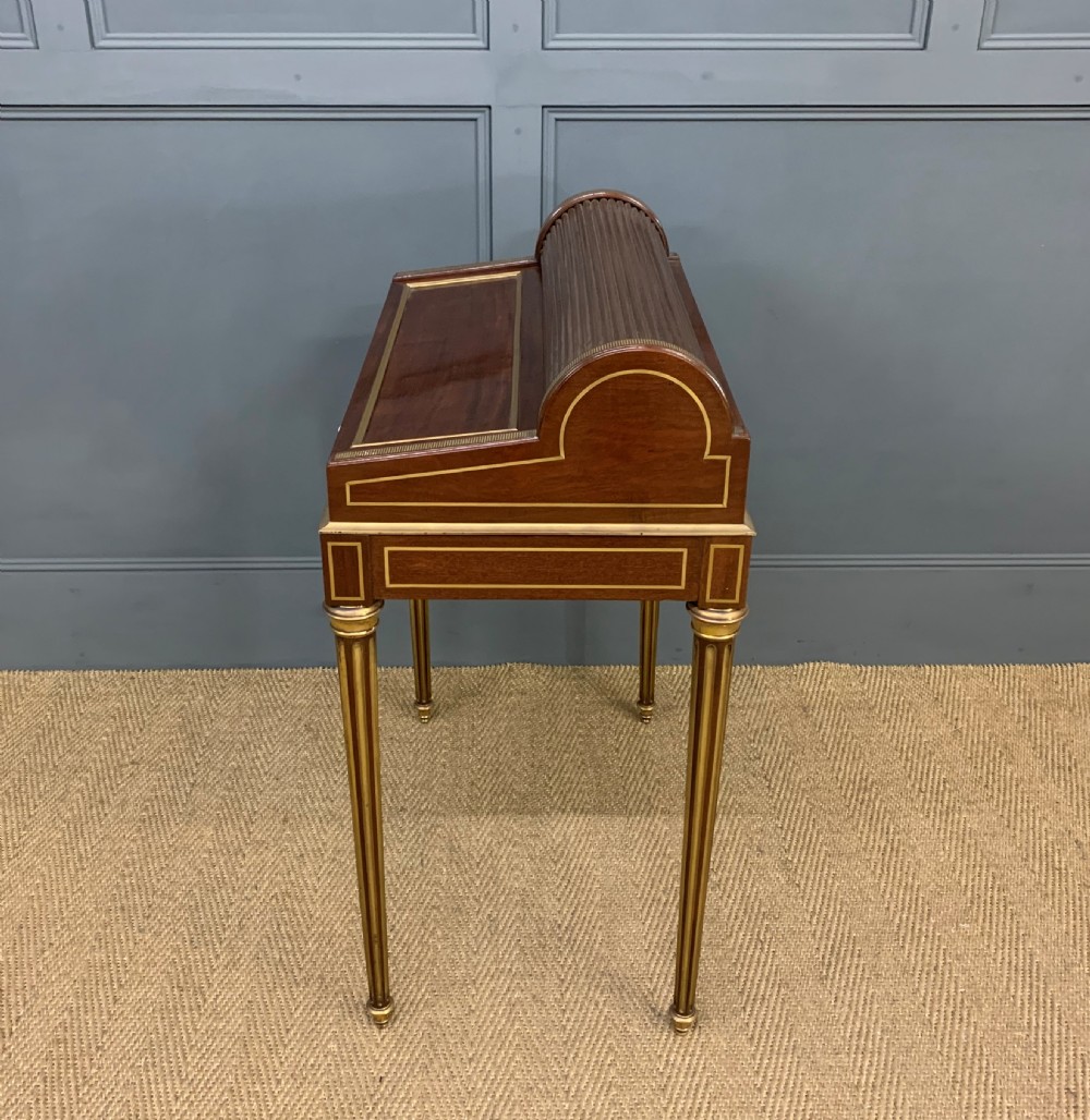 Fine Quality Brass Inlaid Mahogany Tambour Writing Desk View XIX