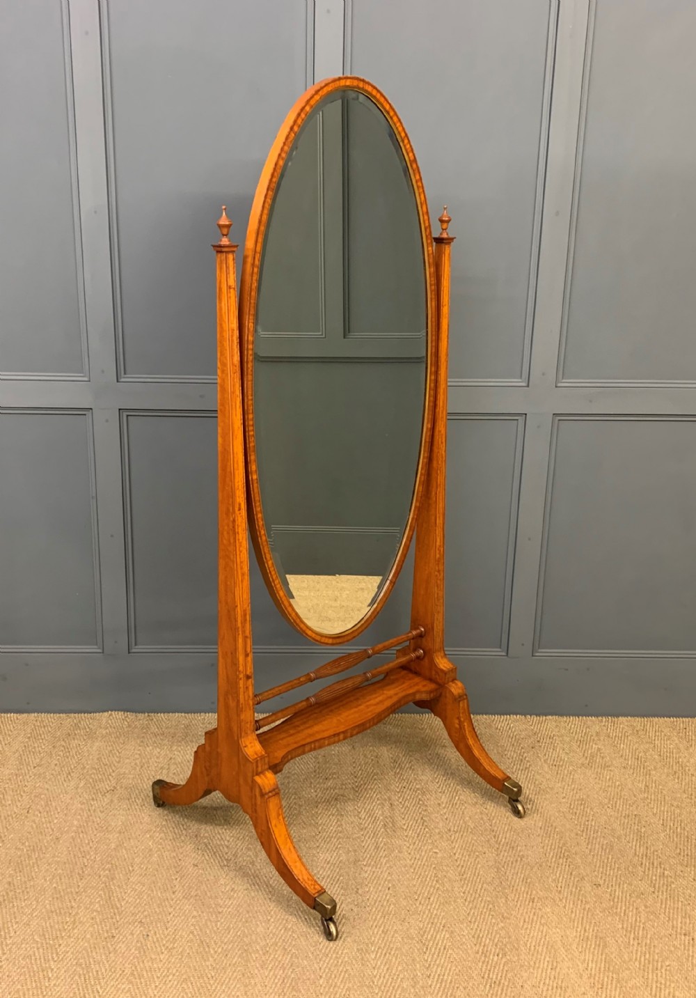 Edwardian Oval Inlaid Satinwood Cheval Mirror