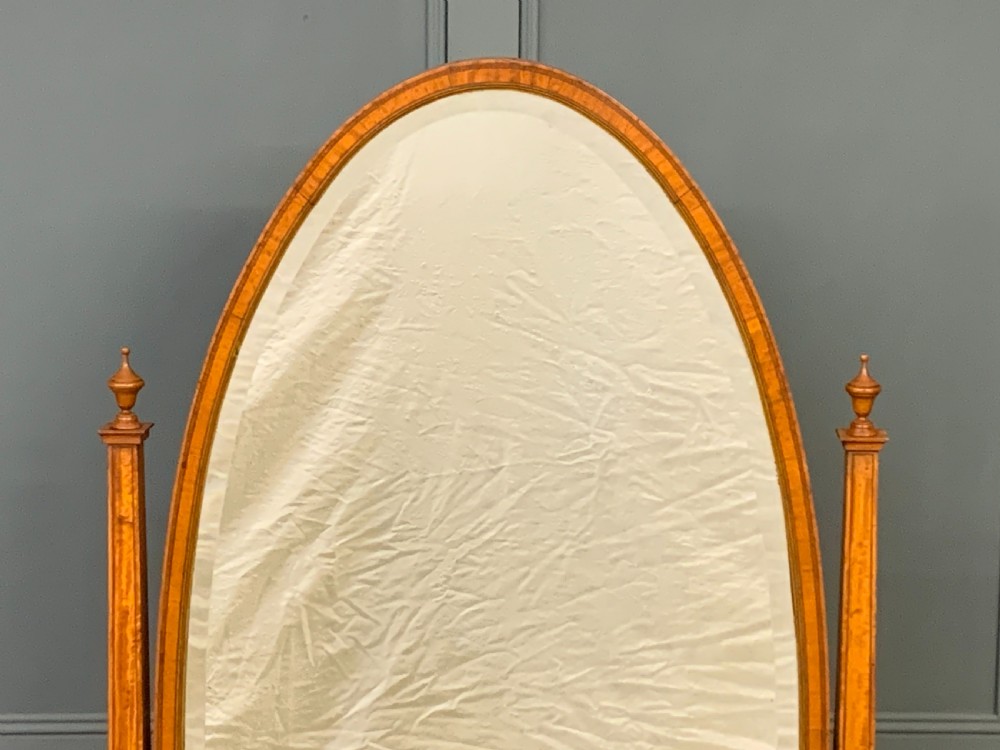 Edwardian Oval Inlaid Satinwood Cheval Mirror View VI