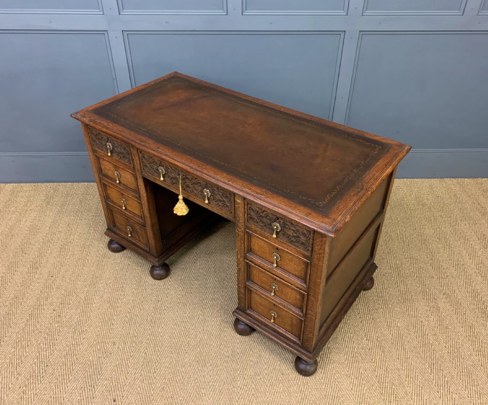 Carved Oak Pedestal  Desk View XVI