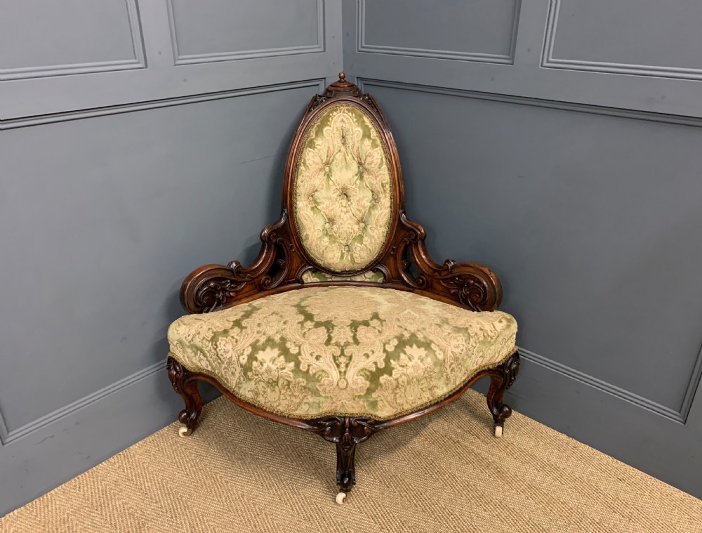 Victorian Ornate Carved Walnut Upholstered Corner Chair