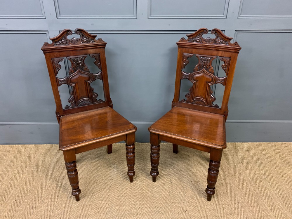 Pair of Victorian Walnut Hall Chairs