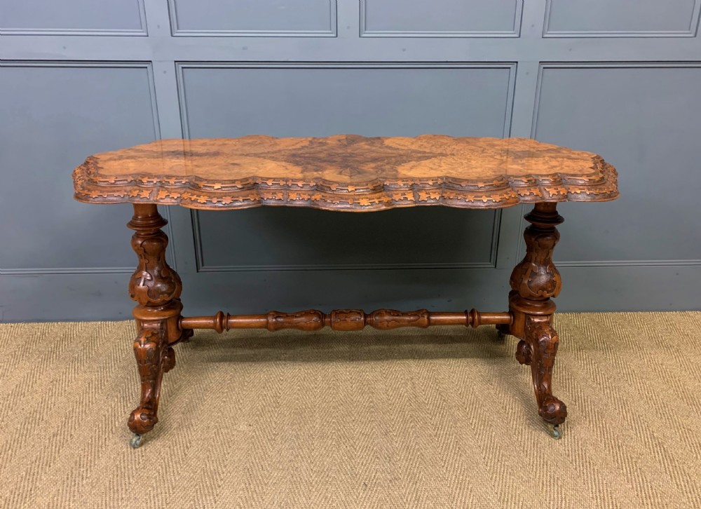 Victorian Burr Walnut Stretcher Table View VI