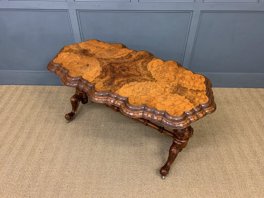 Victorian Burr Walnut Stretcher Table View XVI