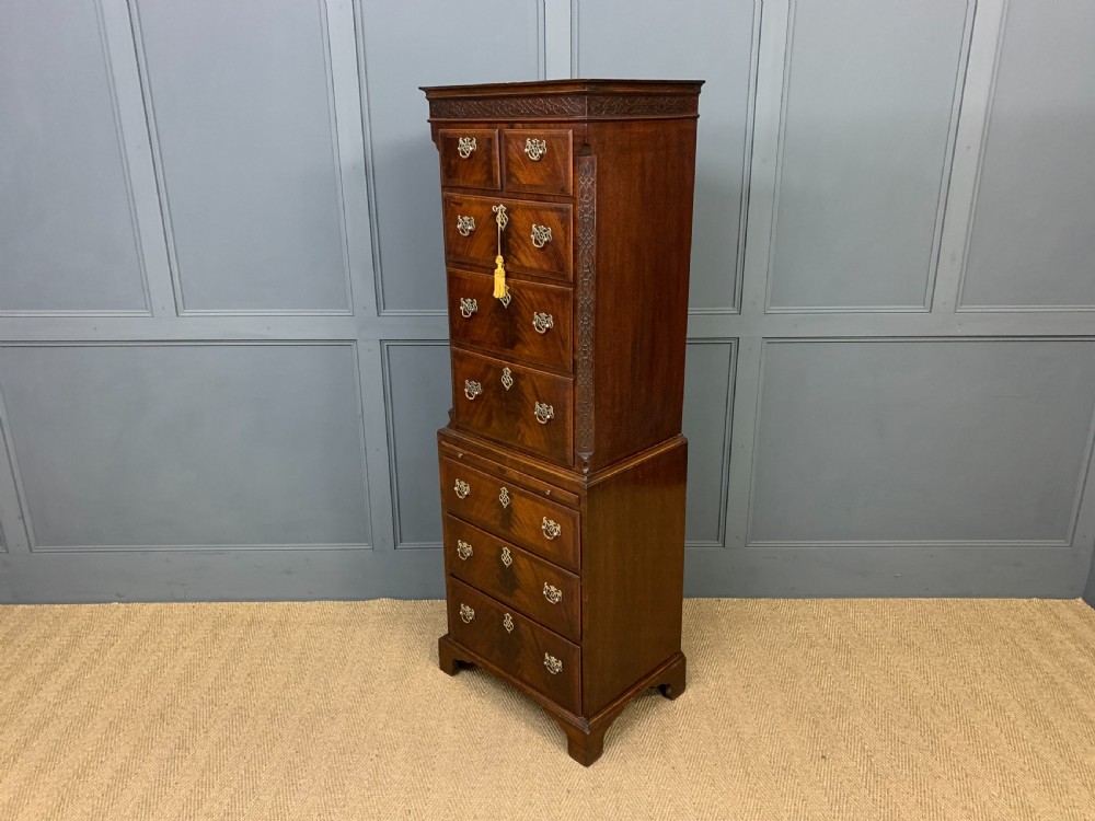 Chippendale Style Flame Mahogany Chest on Chest View XV