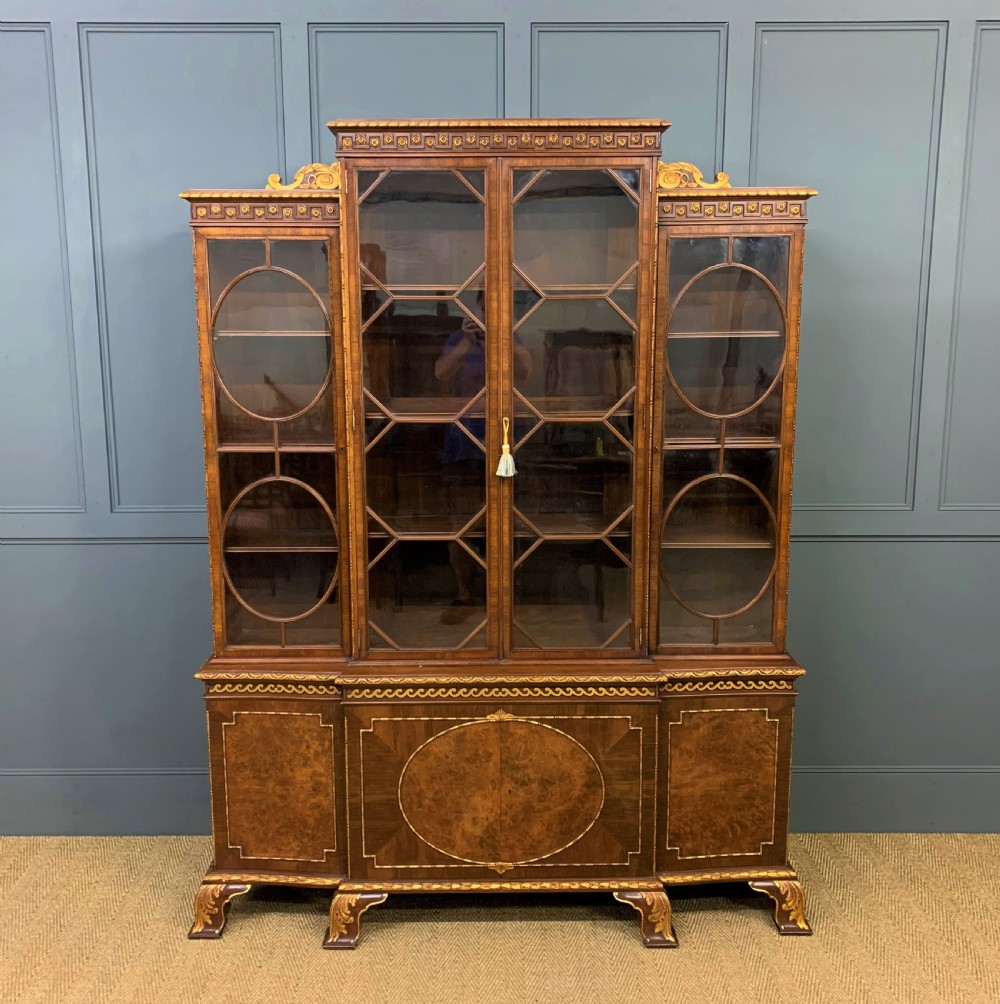 Waring and Gillow Burr Walnut Break Front Bookcase View VI