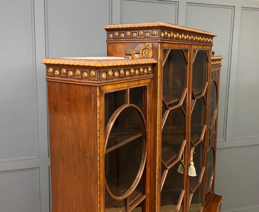 Waring and Gillow Burr Walnut Break Front Bookcase View XI
