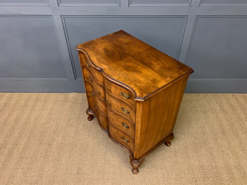 Burr Walnut Serpentine Fronted Chest of Drawers View XIII