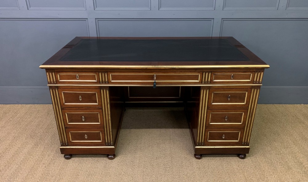 French Mahogany Brass Inlaid Pedestal Desk