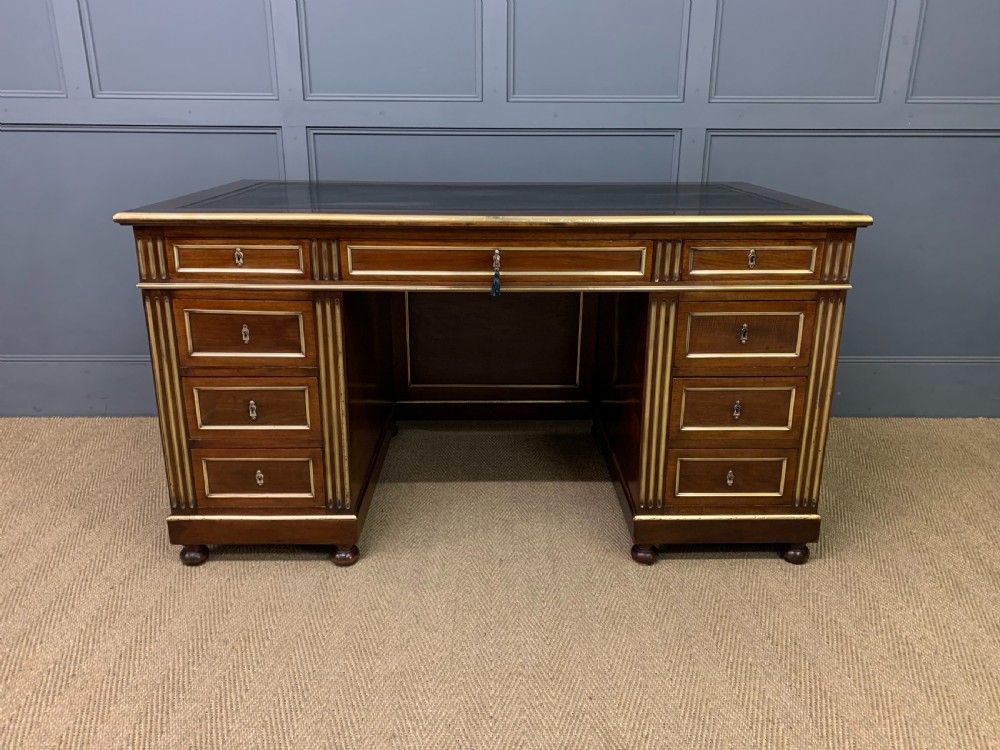 French Mahogany Brass Inlaid Pedestal Desk View II
