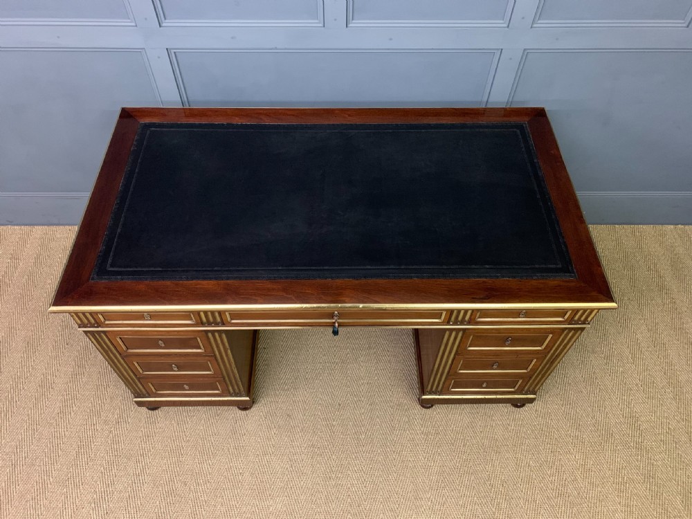 French Mahogany Brass Inlaid Pedestal Desk View III