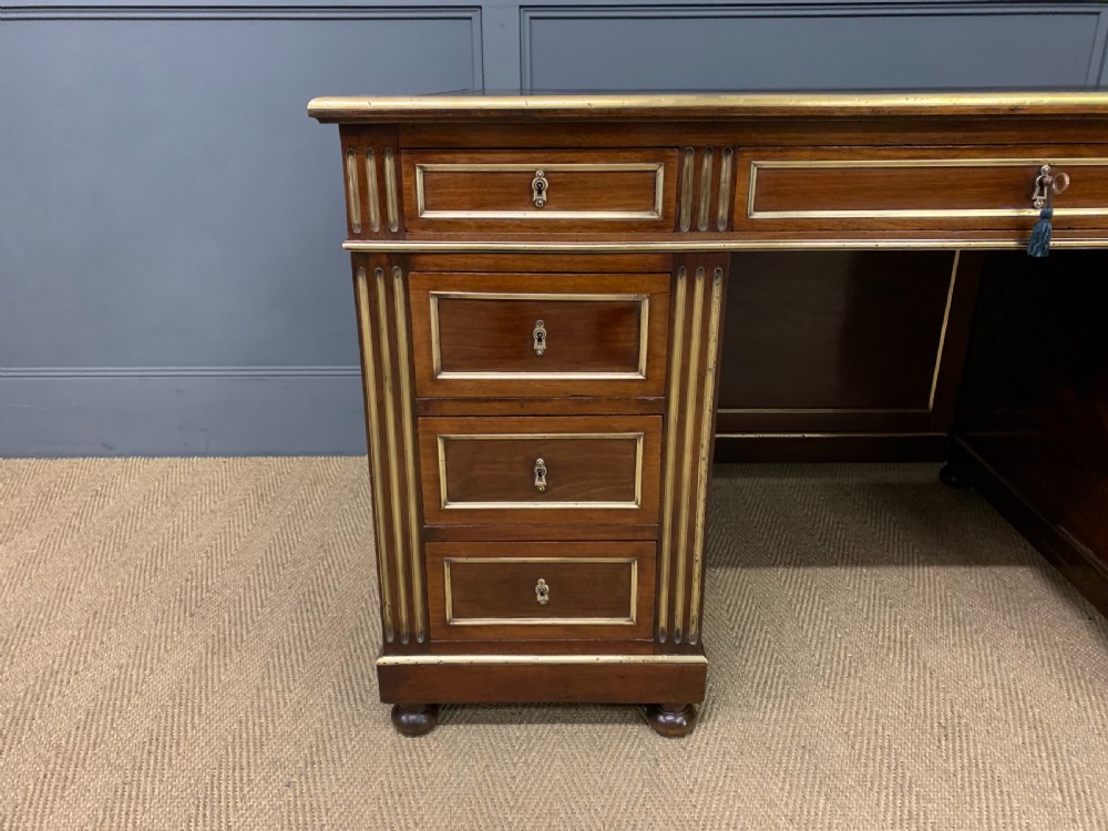 French Mahogany Brass Inlaid Pedestal Desk View IV