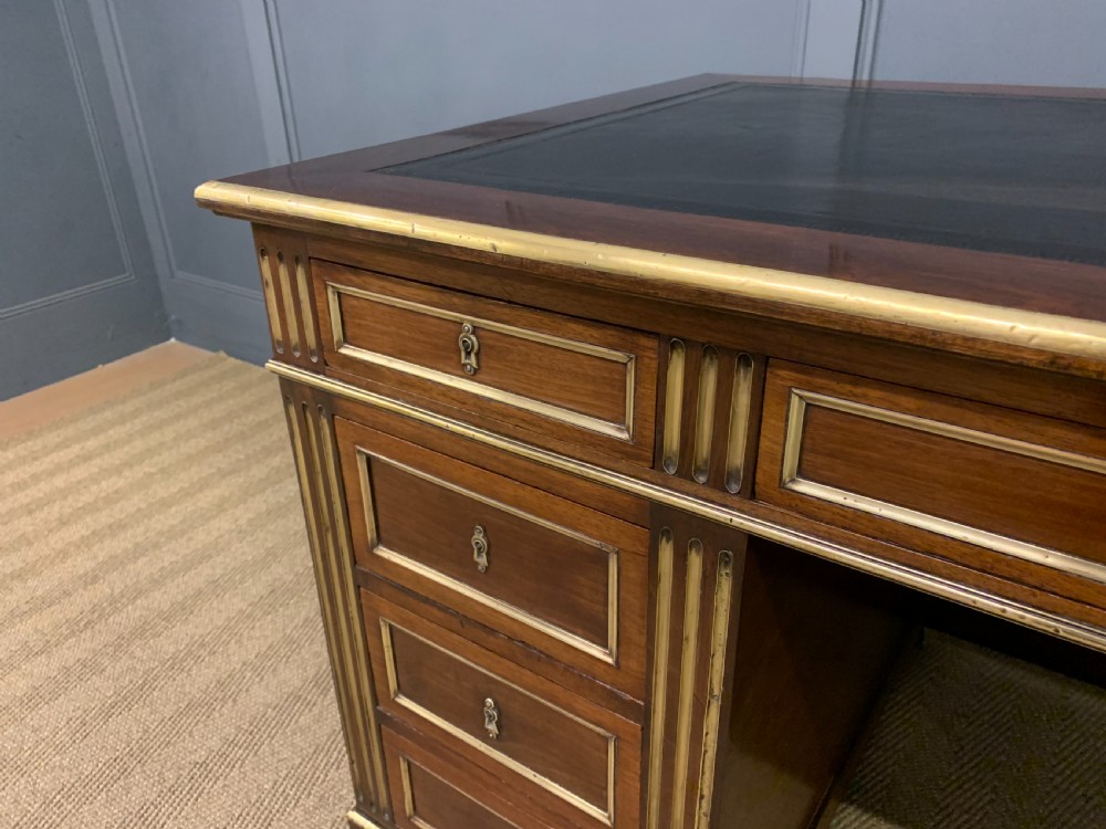 French Mahogany Brass Inlaid Pedestal Desk View VI