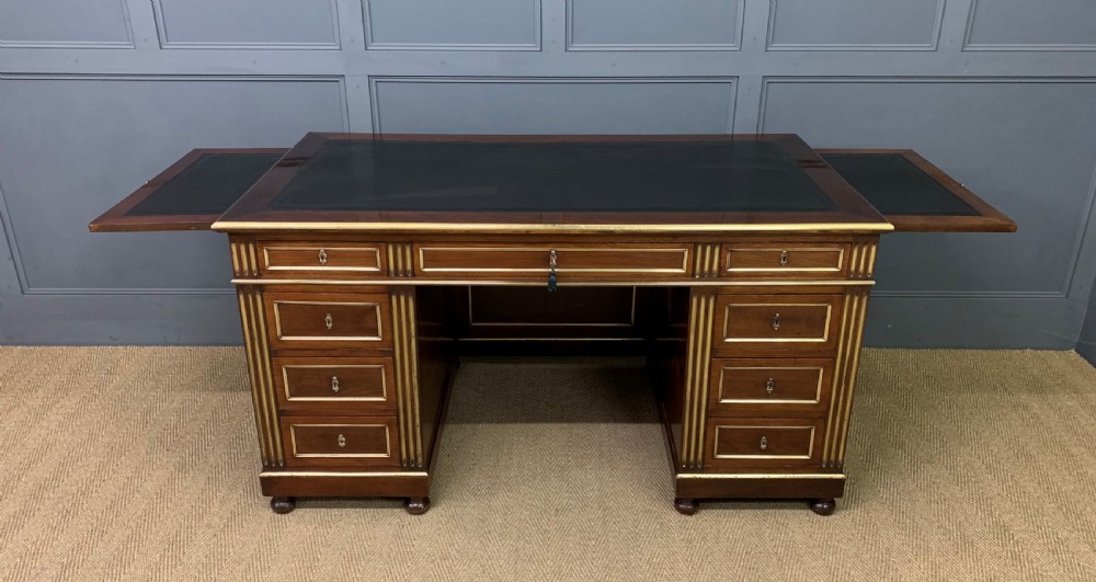 French Mahogany Brass Inlaid Pedestal Desk View VIII