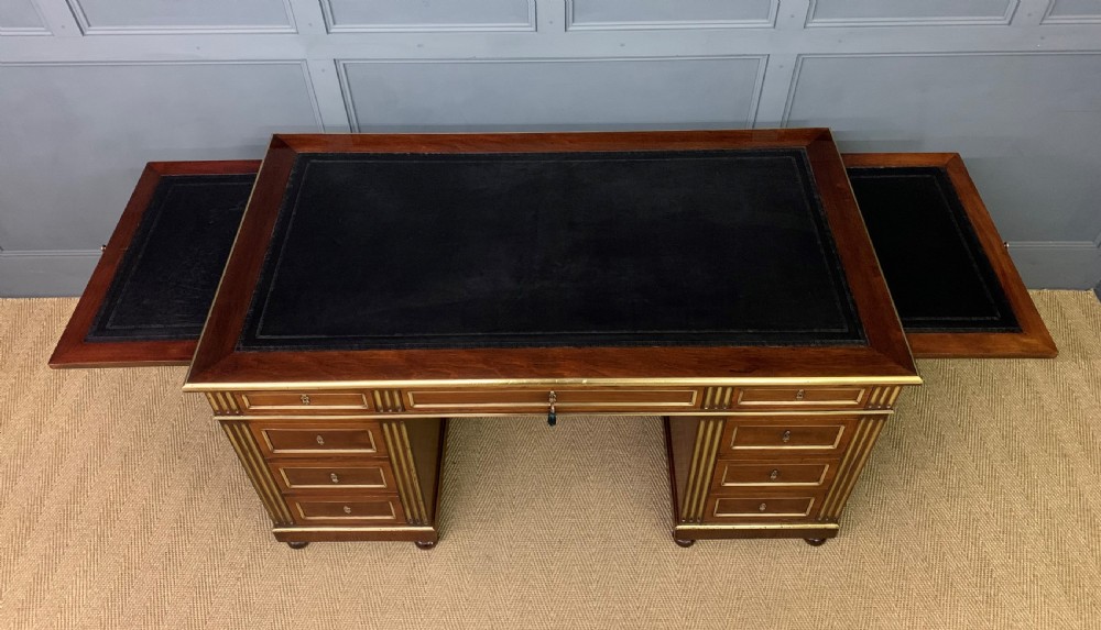 French Mahogany Brass Inlaid Pedestal Desk View IX