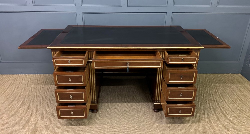 French Mahogany Brass Inlaid Pedestal Desk View XI
