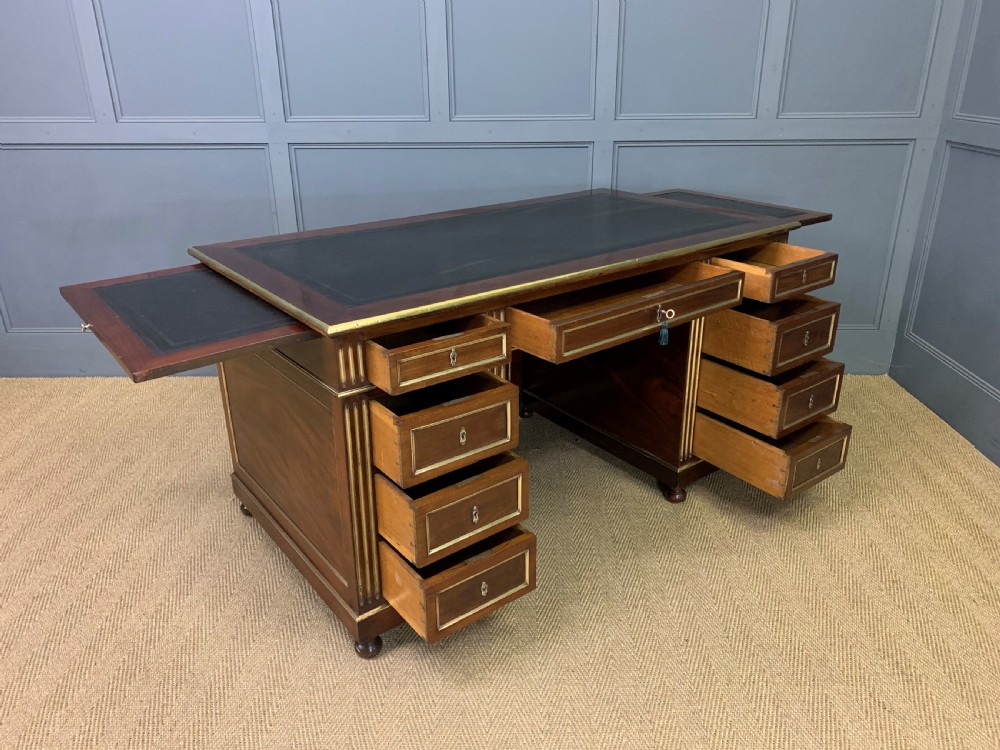French Mahogany Brass Inlaid Pedestal Desk View XII
