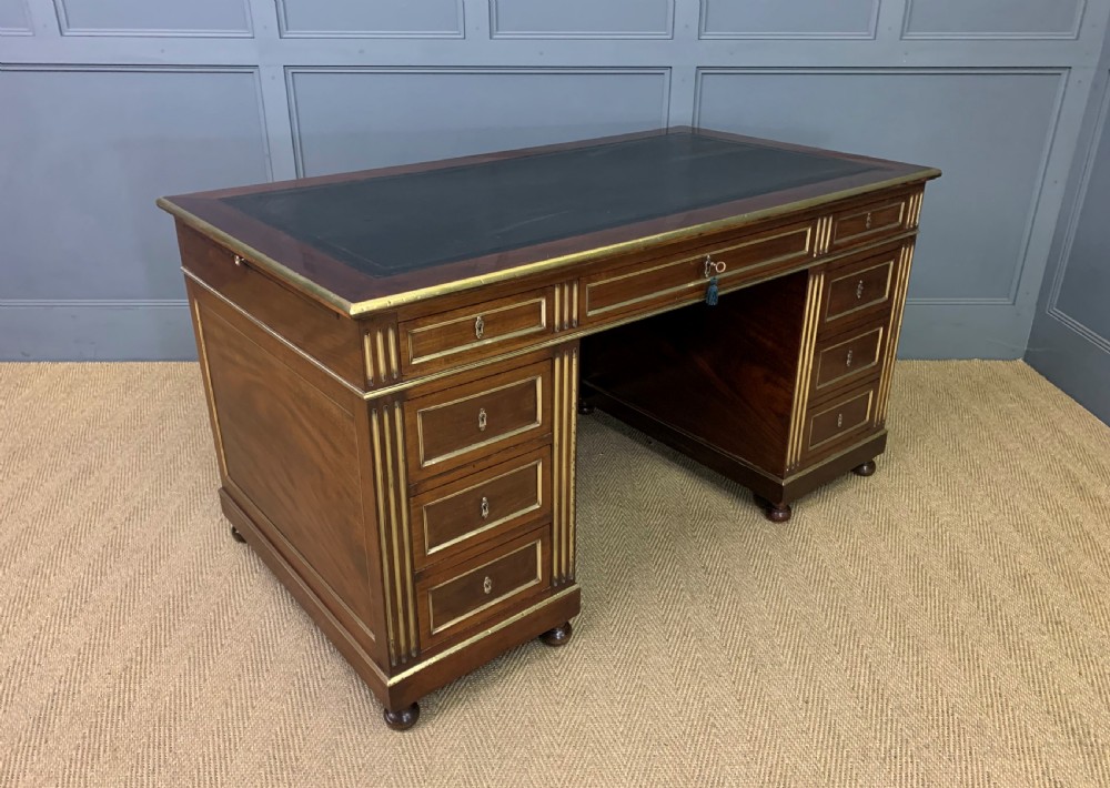 French Mahogany Brass Inlaid Pedestal Desk View XIII