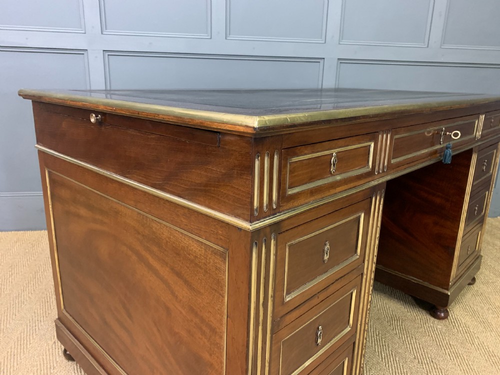 French Mahogany Brass Inlaid Pedestal Desk View XVI