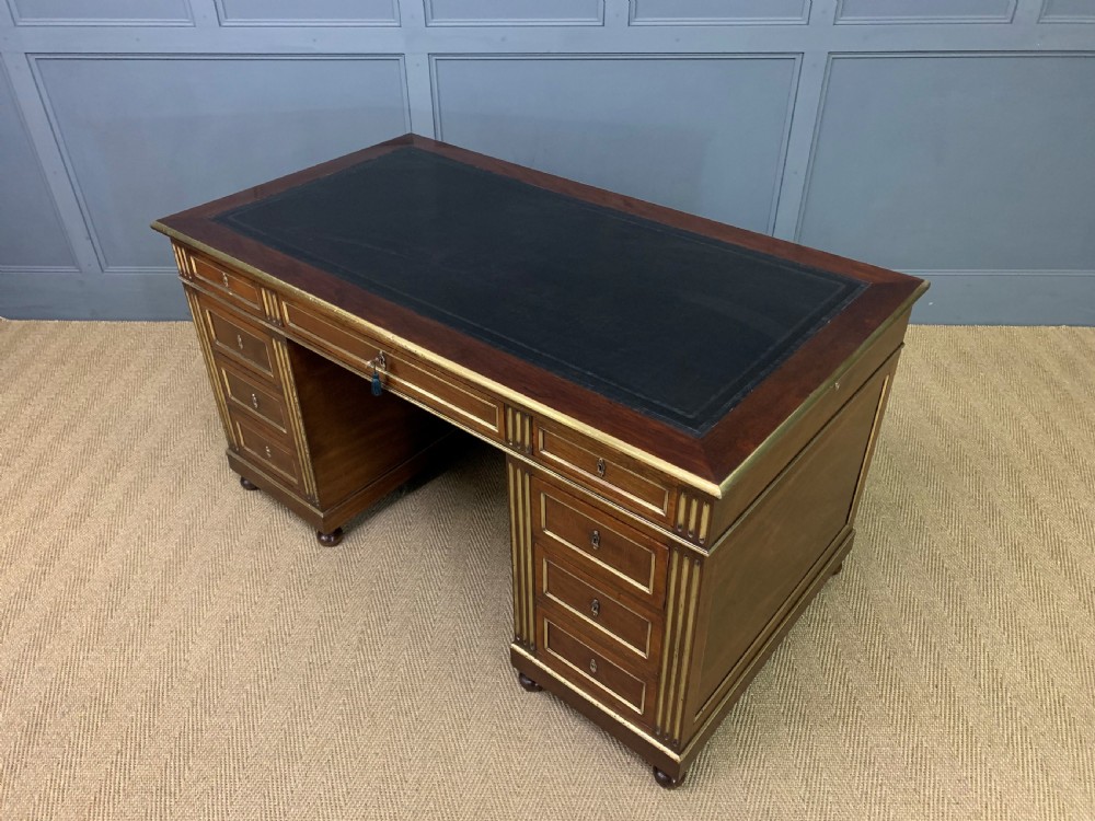 French Mahogany Brass Inlaid Pedestal Desk View XVIII