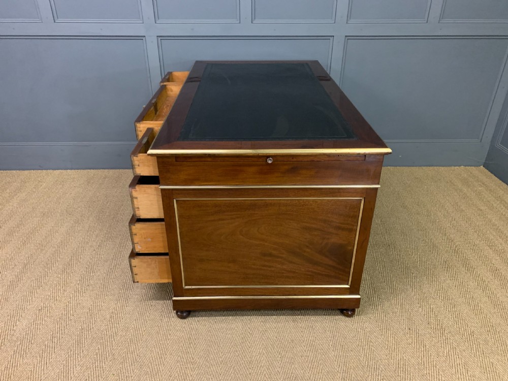 French Mahogany Brass Inlaid Pedestal Desk View XX