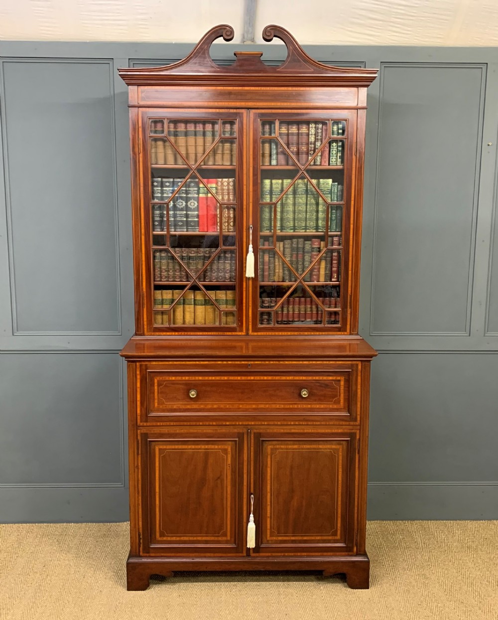 Edwardian Inlaid Mahogany Secretaire Bookcase