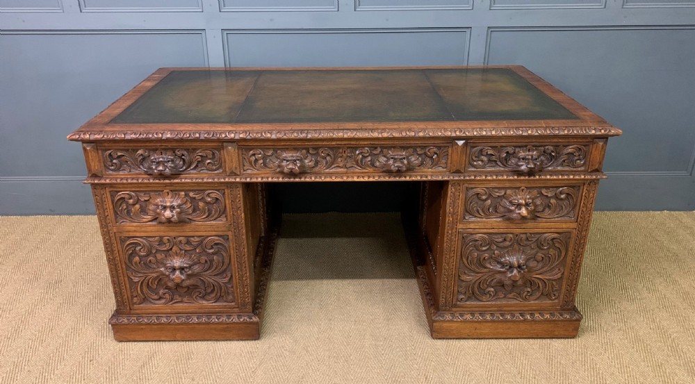 Large Victorian Carved Oak Pedestal Desk