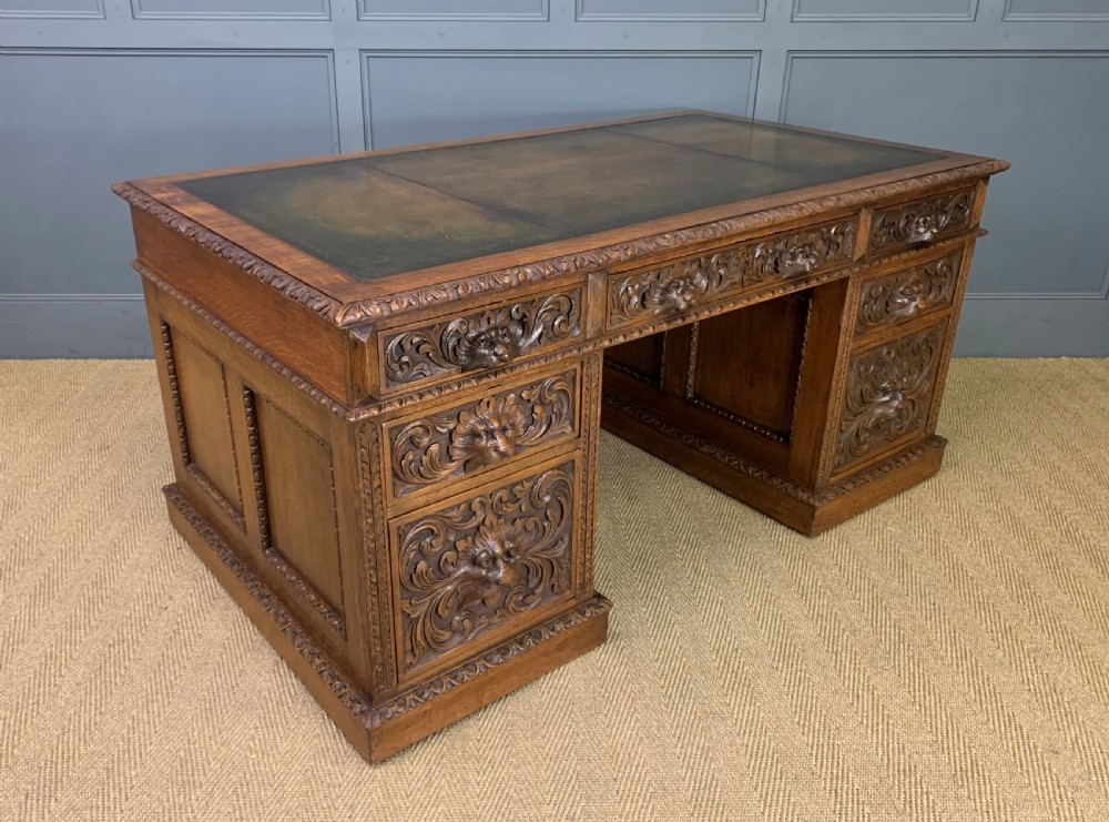 Large Victorian Carved Oak Pedestal Desk View II