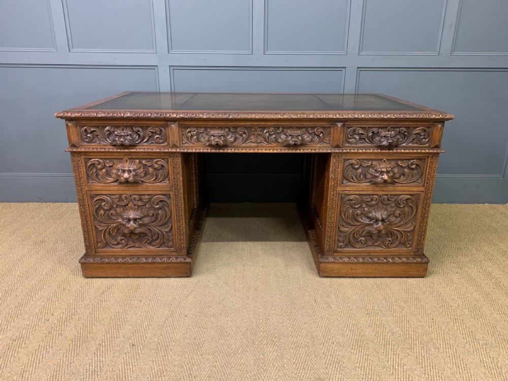 Large Victorian Carved Oak Pedestal Desk View III