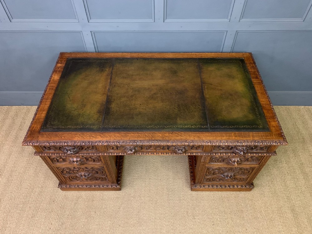 Large Victorian Carved Oak Pedestal Desk View IV
