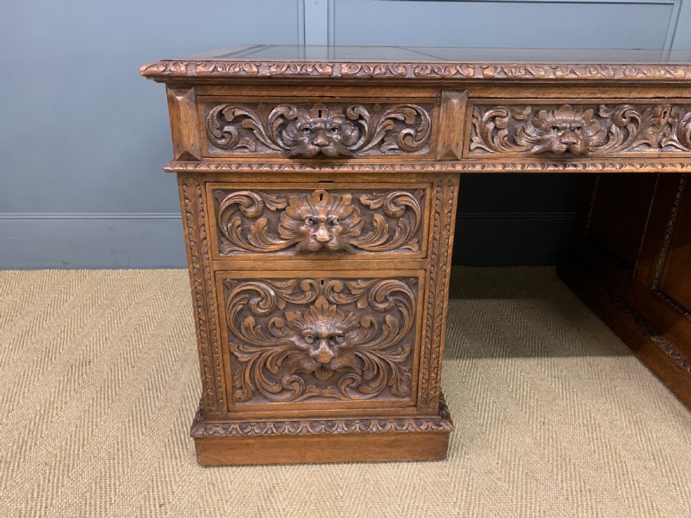 Large Victorian Carved Oak Pedestal Desk View V