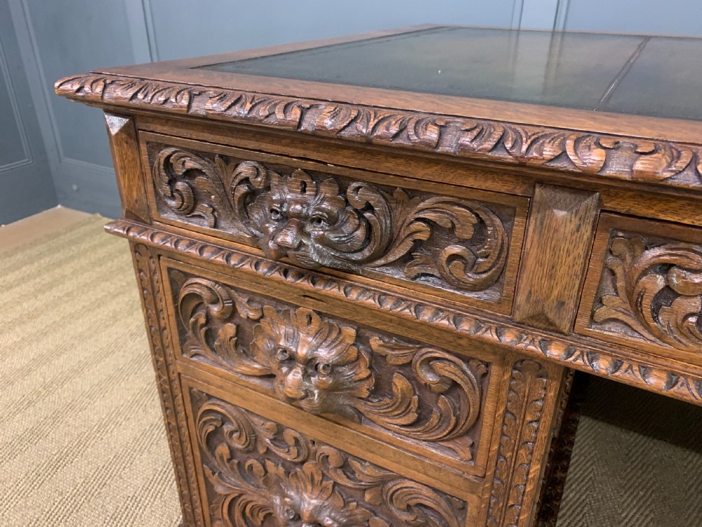 Large Victorian Carved Oak Pedestal Desk View VI