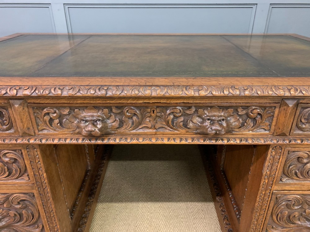 Large Victorian Carved Oak Pedestal Desk View VII