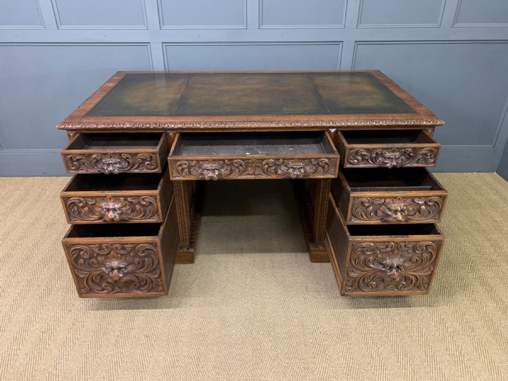 Large Victorian Carved Oak Pedestal Desk View IX