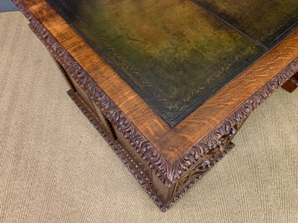 Large Victorian Carved Oak Pedestal Desk View XI