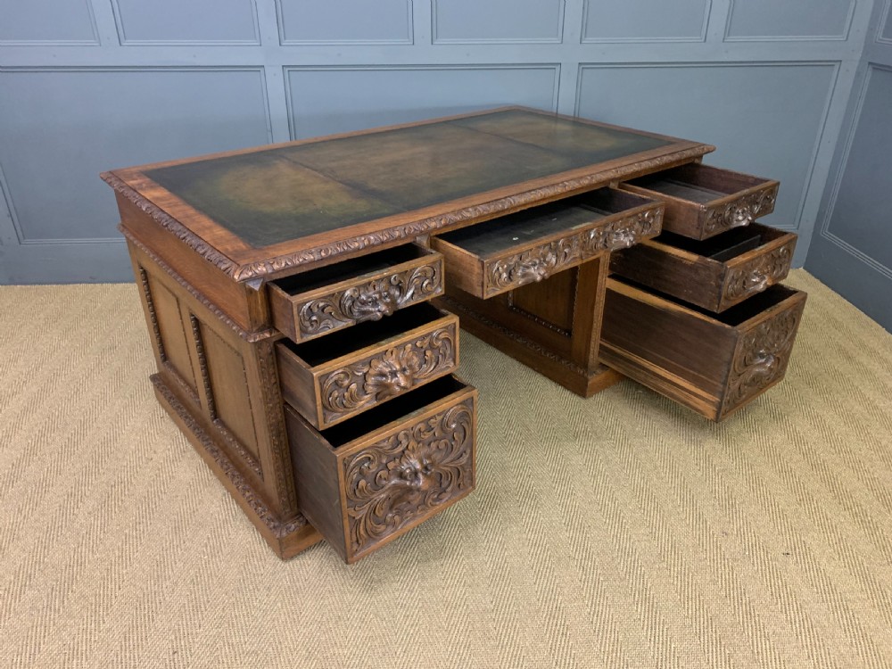 Large Victorian Carved Oak Pedestal Desk View XII