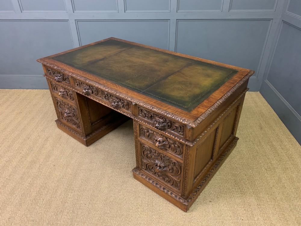 Large Victorian Carved Oak Pedestal Desk View XIII