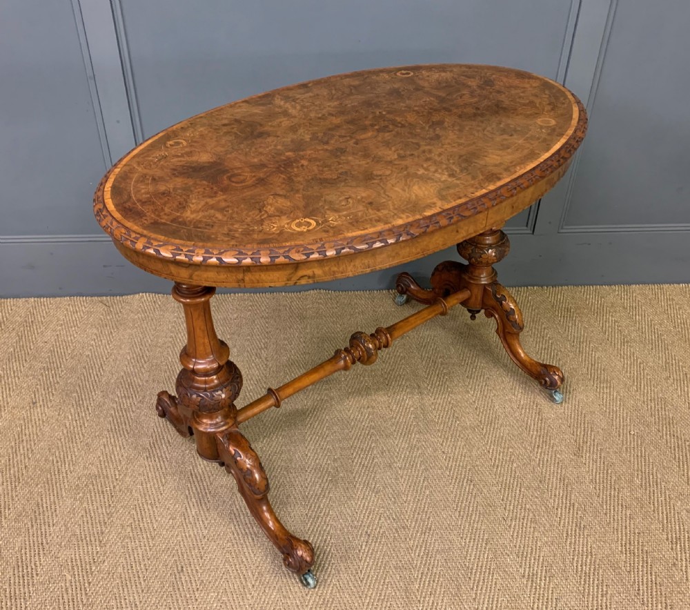 Victorian Inlaid Burr Walnut Stretcher Table