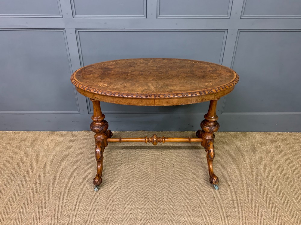 Victorian Inlaid Burr Walnut Stretcher Table View II