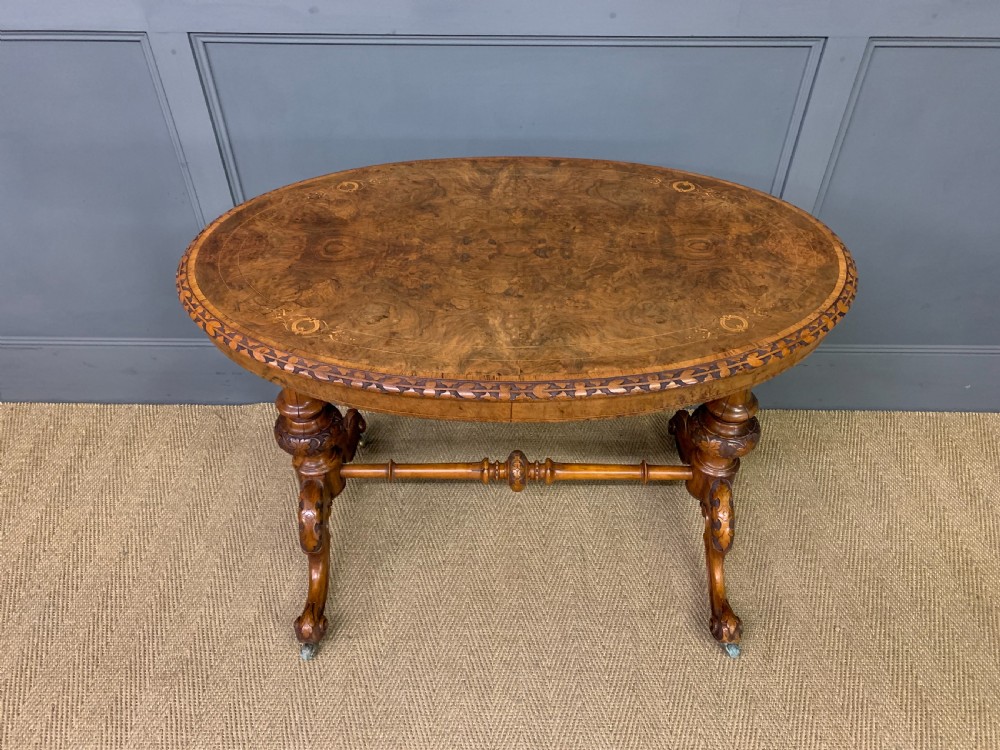 Victorian Inlaid Burr Walnut Stretcher Table View IV