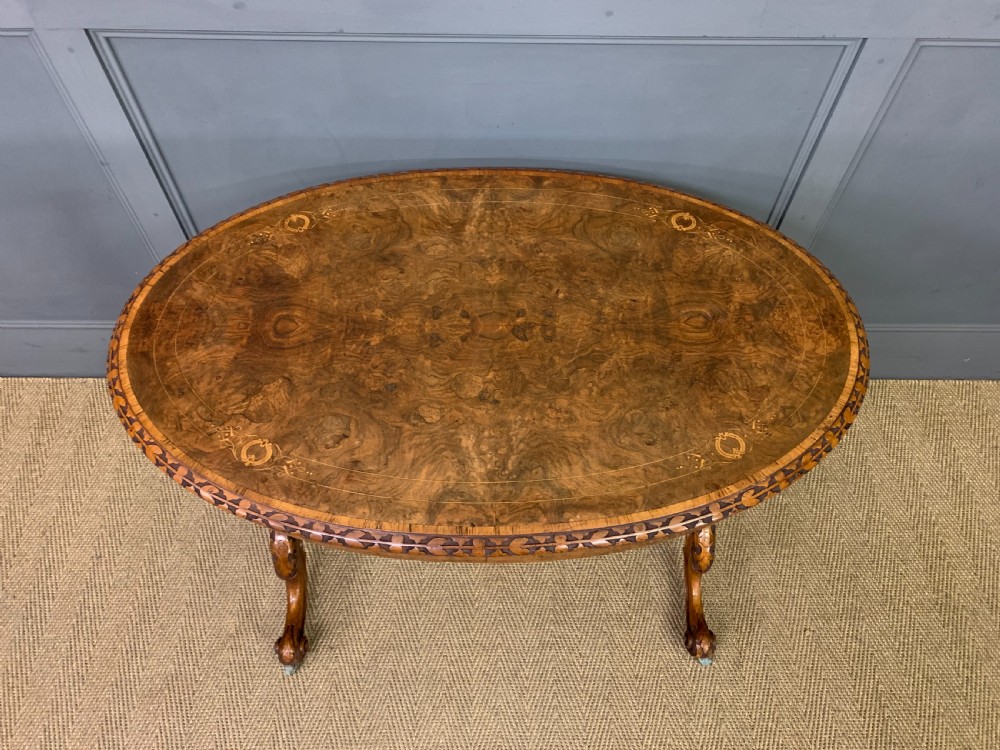 Victorian Inlaid Burr Walnut Stretcher Table View V