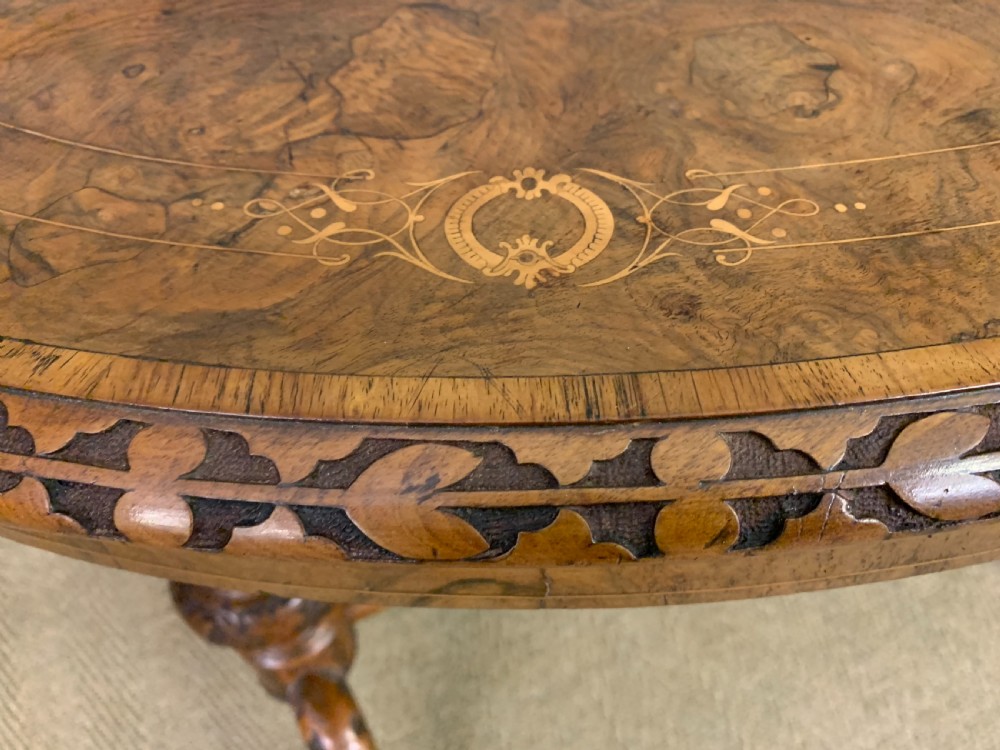 Victorian Inlaid Burr Walnut Stretcher Table View VII