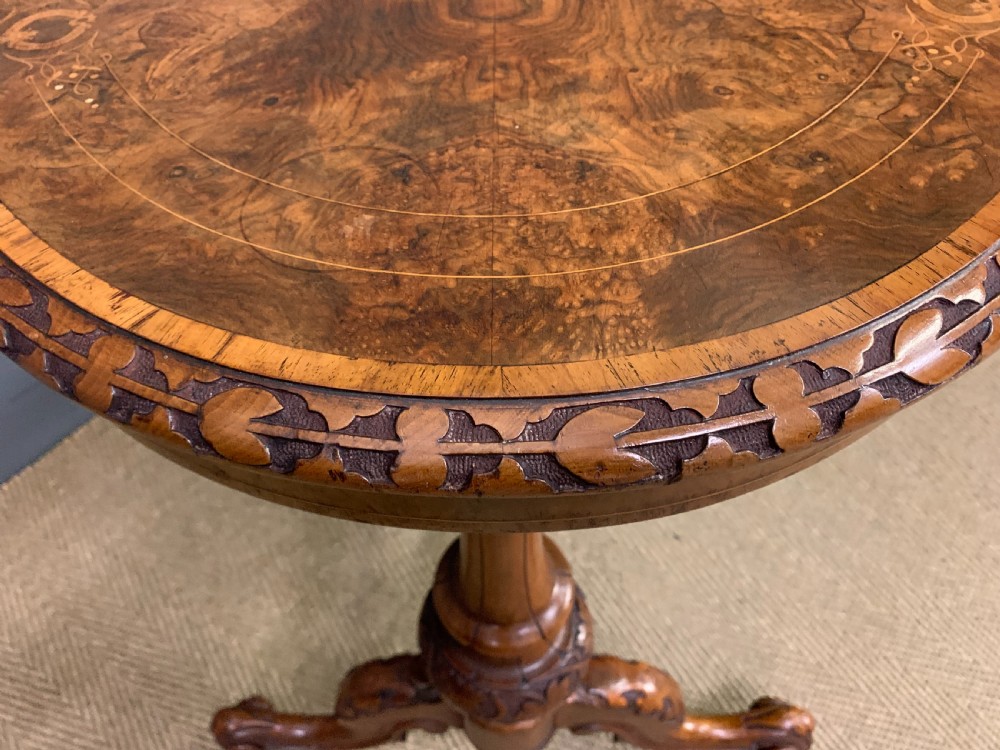 Victorian Inlaid Burr Walnut Stretcher Table View XI