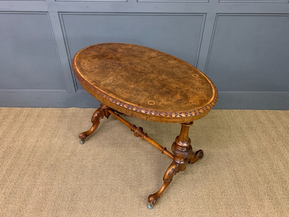 Victorian Inlaid Burr Walnut Stretcher Table View XIII
