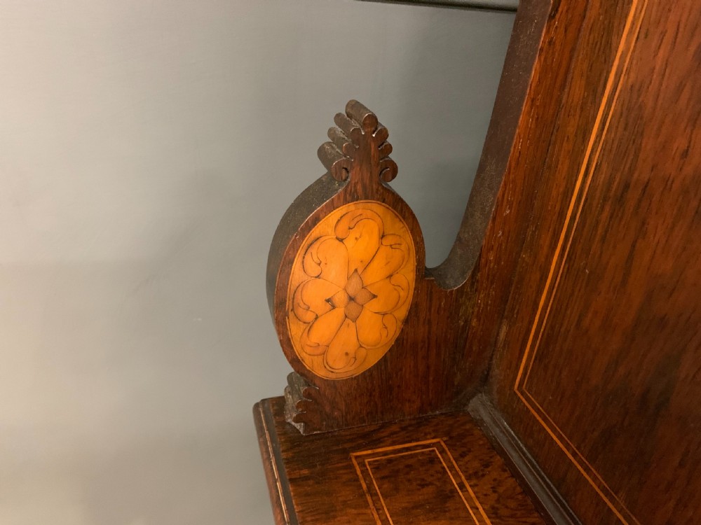 An antique inlaid rosewood bonheur du jour writing desk featuring a raised central cupboard with marquetry detail, single frieze drawer, and cabriole legs. View IX