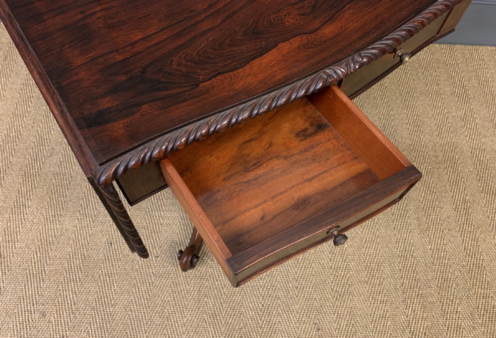 A 19th-century dark rosewood sofa table featuring drop leaves, two front frieze drawers, and an intricately carved central pedestal on scroll legs. View XXVII