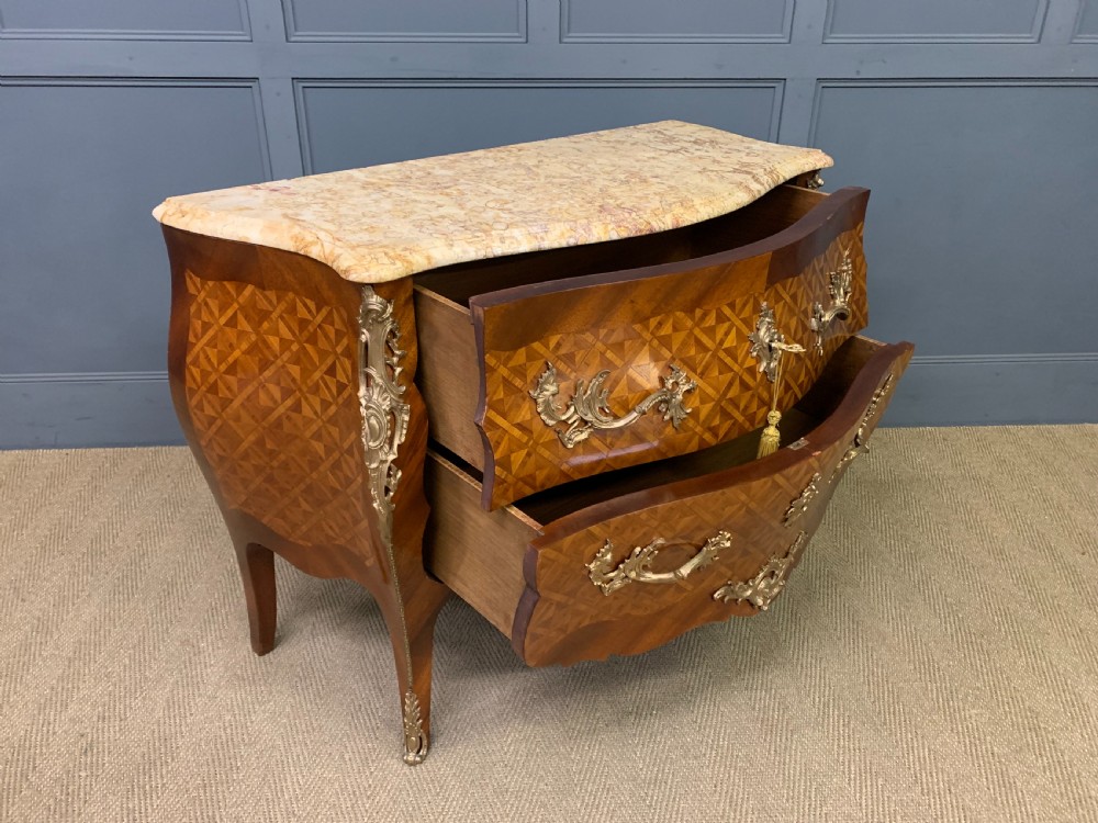 French Parquetry Inlaid Bombe Commode View XV