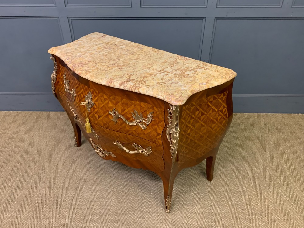 French Parquetry Inlaid Bombe Commode View XVI