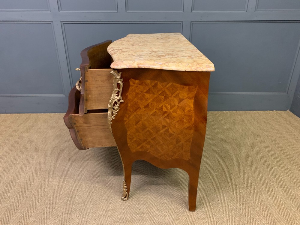 French Parquetry Inlaid Bombe Commode View XVII